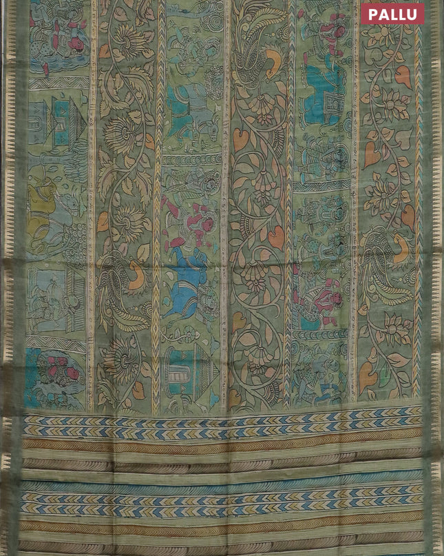 Semi matka saree pastel green with allover kalamkari prints and temple design zari woven border