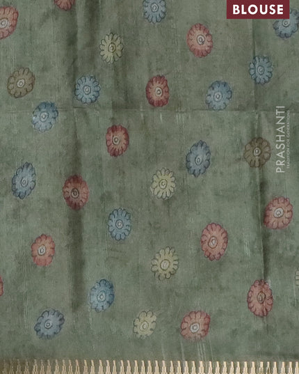 Semi matka saree pastel green with allover kalamkari prints and temple design zari woven border