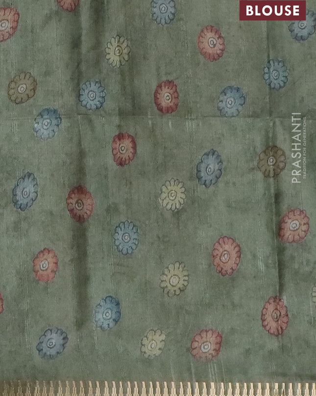 Semi matka saree pastel green with allover kalamkari prints and temple design zari woven border