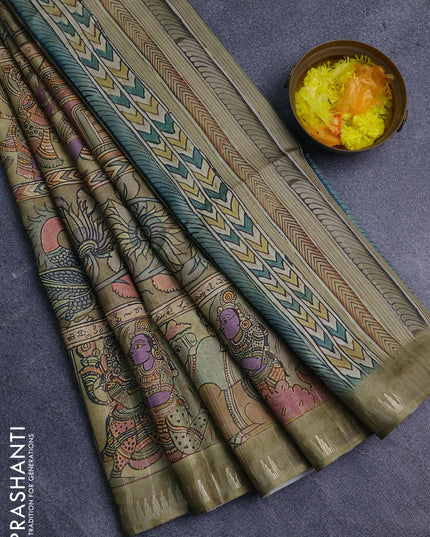 Semi matka saree elaichi green with allover kalamkari prints and temple design zari woven border