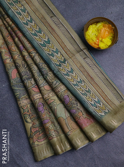 Semi matka saree elaichi green with allover kalamkari prints and temple design zari woven border