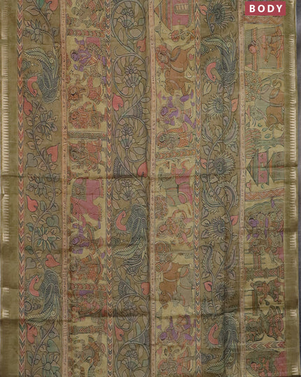 Semi matka saree elaichi green with allover kalamkari prints and temple design zari woven border