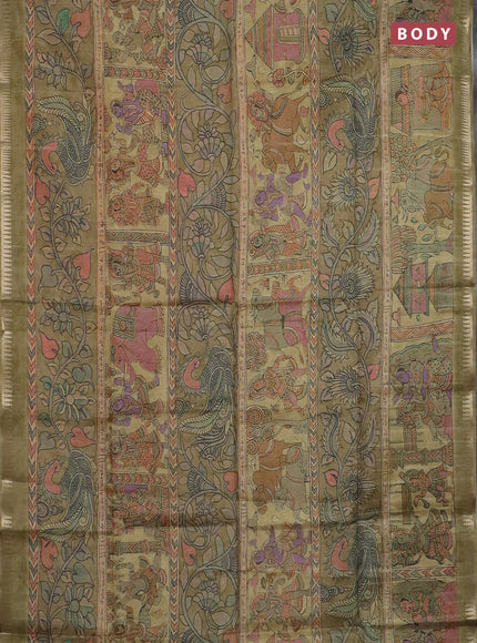 Semi matka saree elaichi green with allover kalamkari prints and temple design zari woven border