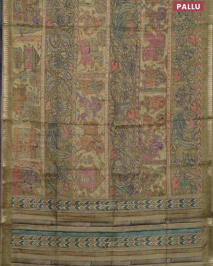 Semi matka saree elaichi green with allover kalamkari prints and temple design zari woven border