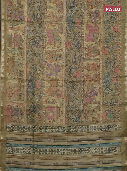Semi matka saree elaichi green with allover kalamkari prints and temple design zari woven border