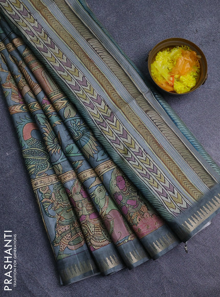 Semi matka saree grey with allover kalamkari prints and temple design zari woven border