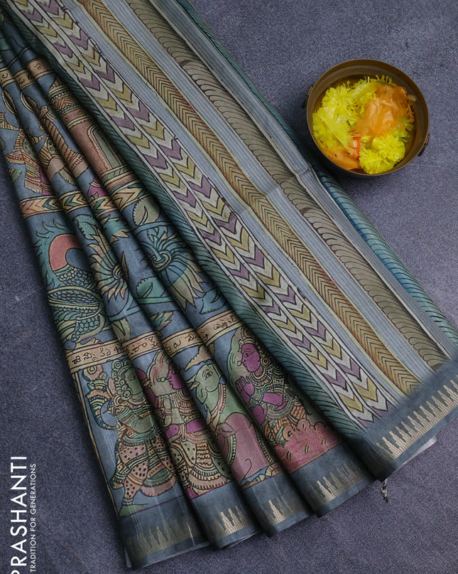 Semi matka saree grey with allover kalamkari prints and temple design zari woven border