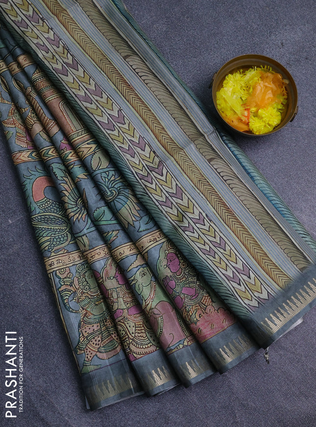 Semi matka saree grey with allover kalamkari prints and temple design zari woven border