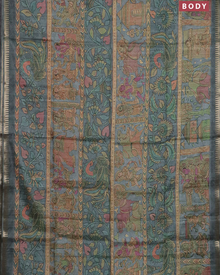 Semi matka saree grey with allover kalamkari prints and temple design zari woven border