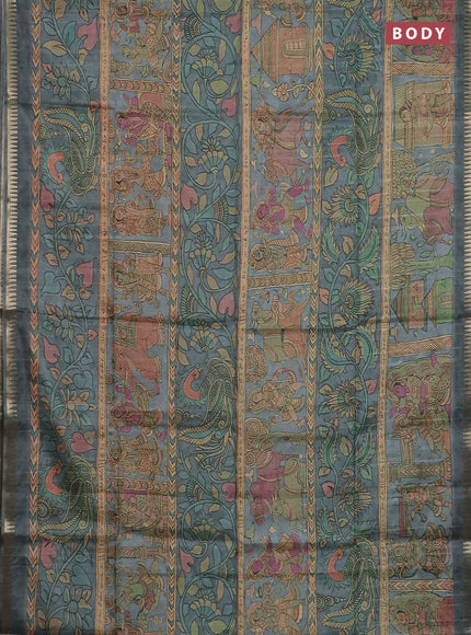 Semi matka saree grey with allover kalamkari prints and temple design zari woven border
