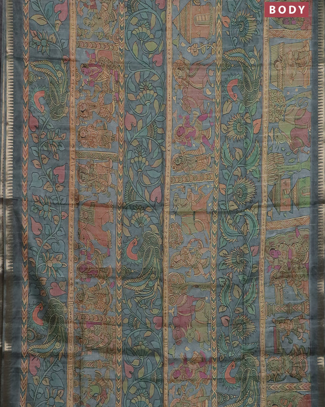 Semi matka saree grey with allover kalamkari prints and temple design zari woven border