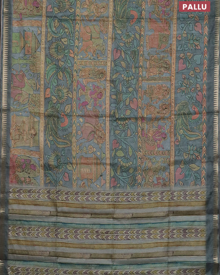 Semi matka saree grey with allover kalamkari prints and temple design zari woven border