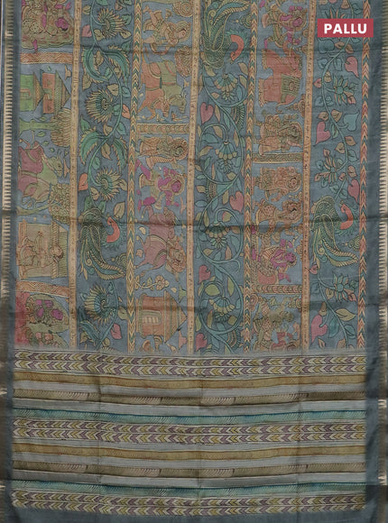 Semi matka saree grey with allover kalamkari prints and temple design zari woven border