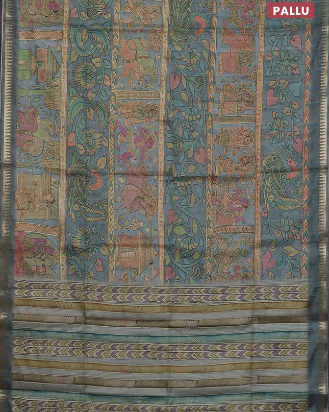 Semi matka saree grey with allover kalamkari prints and temple design zari woven border