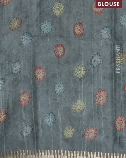 Semi matka saree grey with allover kalamkari prints and temple design zari woven border