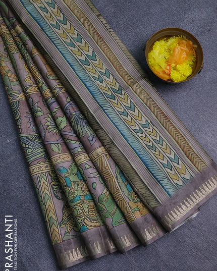 Semi matka saree pastel brown with allover kalamkari prints and temple design zari woven border