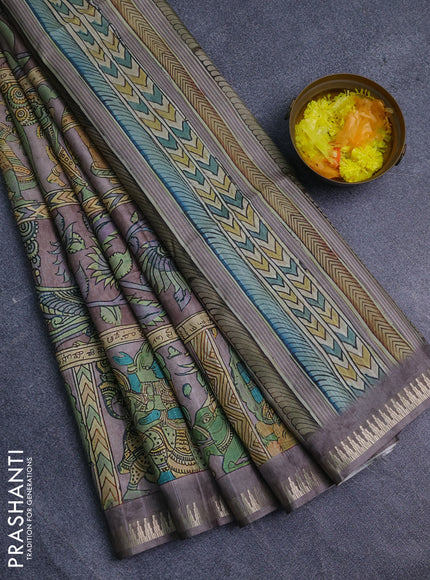 Semi matka saree pastel brown with allover kalamkari prints and temple design zari woven border