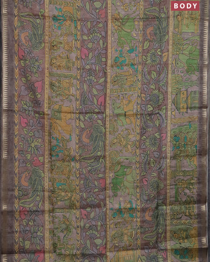 Semi matka saree pastel brown with allover kalamkari prints and temple design zari woven border
