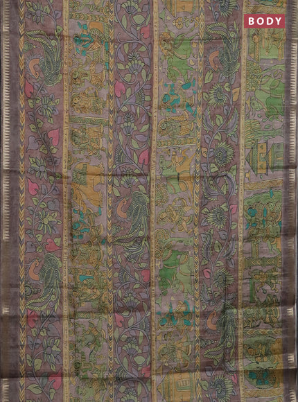 Semi matka saree pastel brown with allover kalamkari prints and temple design zari woven border