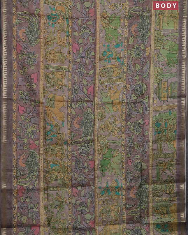 Semi matka saree pastel brown with allover kalamkari prints and temple design zari woven border