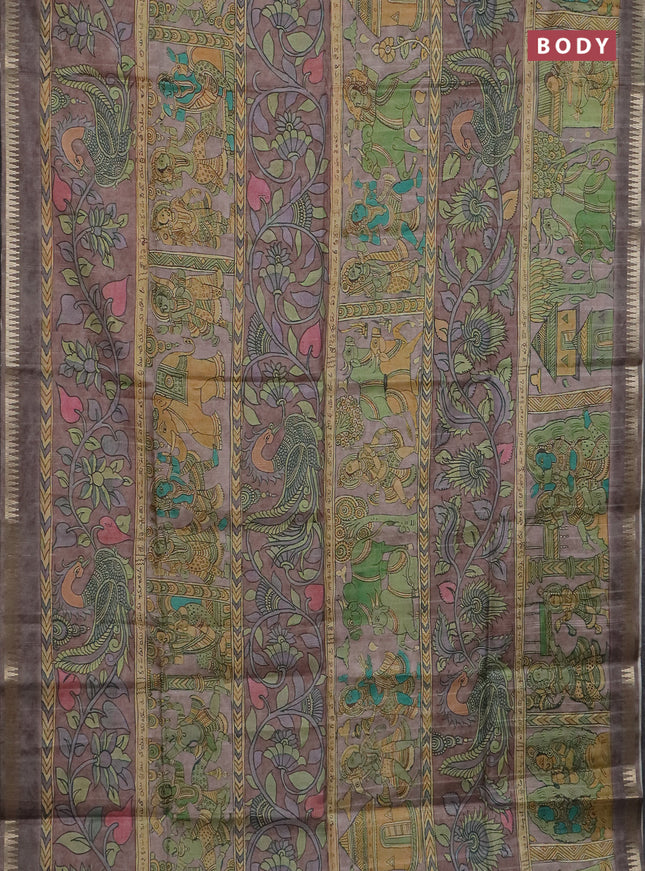 Semi matka saree pastel brown with allover kalamkari prints and temple design zari woven border