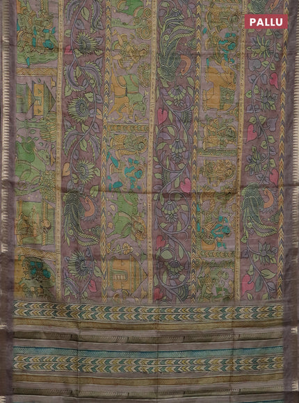 Semi matka saree pastel brown with allover kalamkari prints and temple design zari woven border