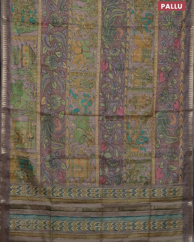 Semi matka saree pastel brown with allover kalamkari prints and temple design zari woven border