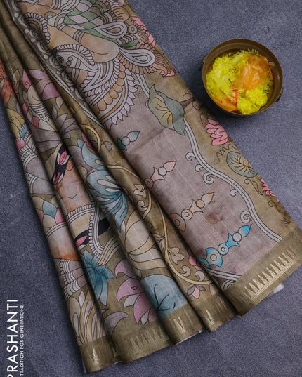 Semi matka saree mehendi green and pastel brown with butta prints and kalamkari printed pallu