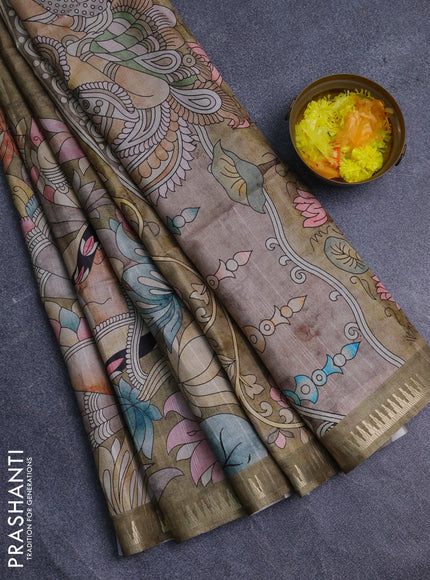 Semi matka saree mehendi green and pastel brown with butta prints and kalamkari printed pallu