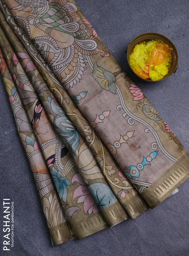 Semi matka saree mehendi green and pastel brown with butta prints and kalamkari printed pallu