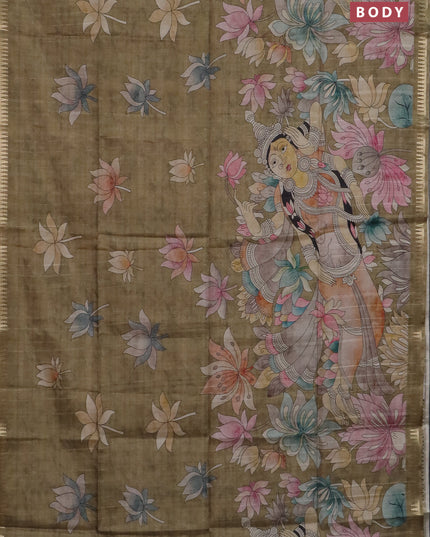 Semi matka saree mehendi green and pastel brown with butta prints and kalamkari printed pallu