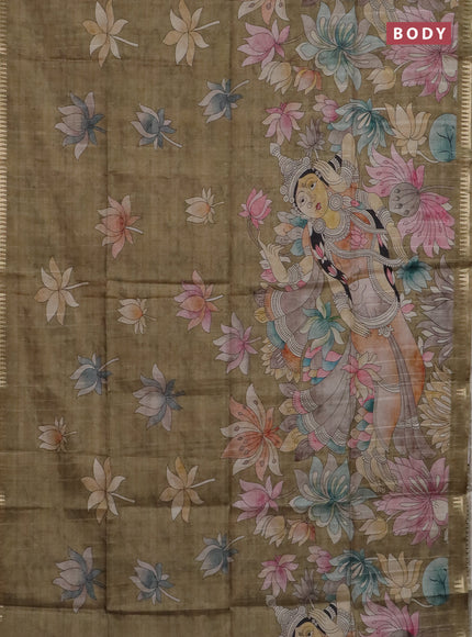 Semi matka saree mehendi green and pastel brown with butta prints and kalamkari printed pallu