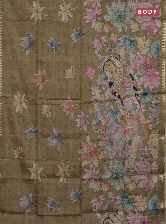 Semi matka saree mehendi green and pastel brown with butta prints and kalamkari printed pallu