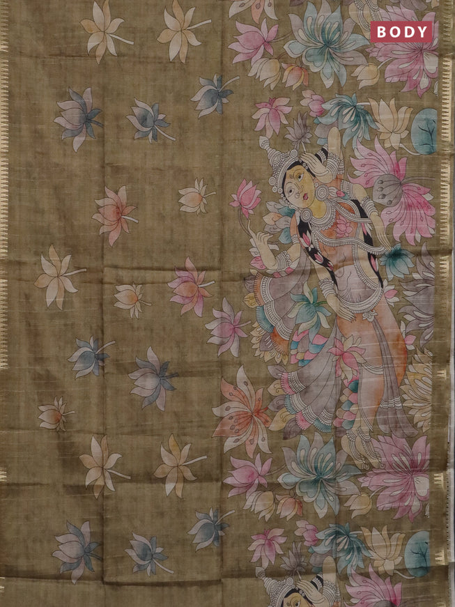 Semi matka saree mehendi green and pastel brown with butta prints and kalamkari printed pallu