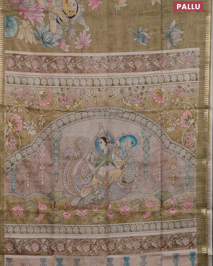 Semi matka saree mehendi green and pastel brown with butta prints and kalamkari printed pallu