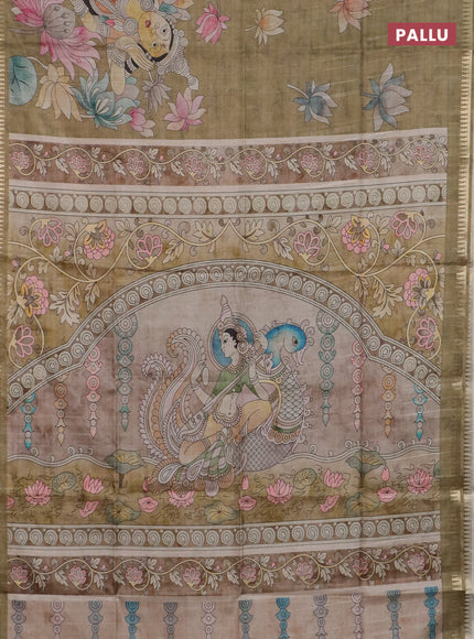 Semi matka saree mehendi green and pastel brown with butta prints and kalamkari printed pallu