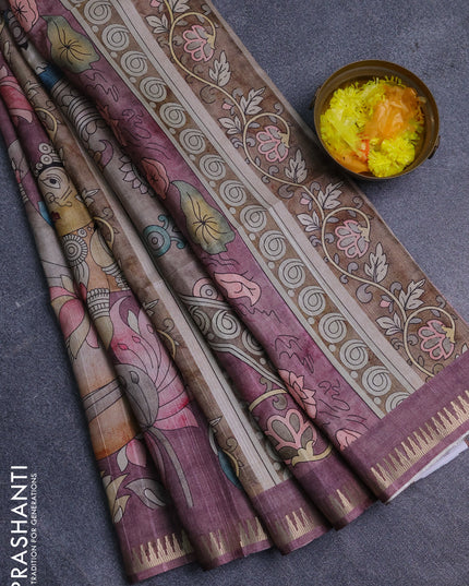 Semi matka saree wine shade and pastel brown with butta prints and kalamkari printed pallu