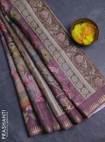 Semi matka saree wine shade and pastel brown with butta prints and kalamkari printed pallu