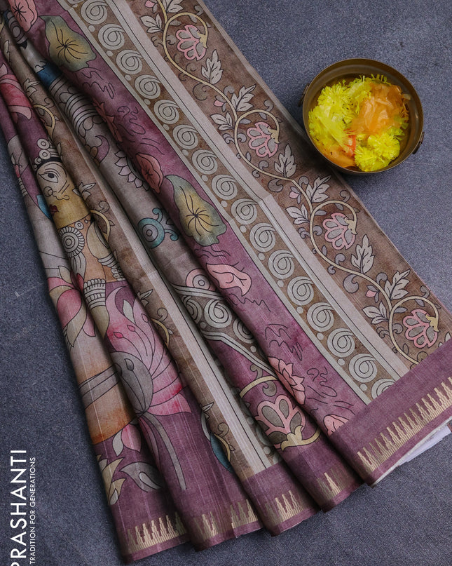 Semi matka saree wine shade and pastel brown with butta prints and kalamkari printed pallu