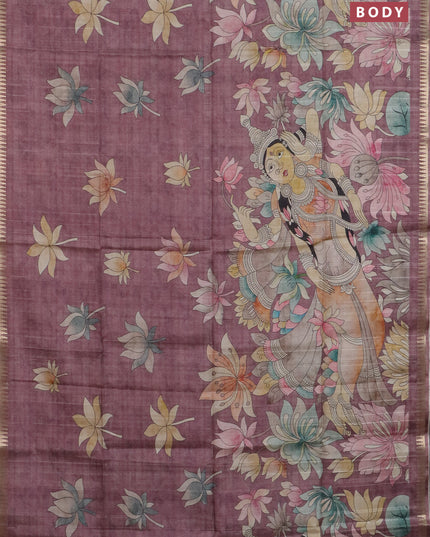 Semi matka saree wine shade and pastel brown with butta prints and kalamkari printed pallu