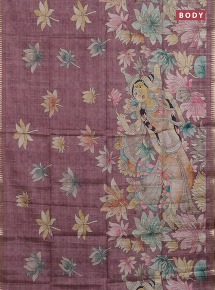 Semi matka saree wine shade and pastel brown with butta prints and kalamkari printed pallu