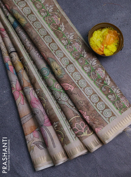Semi matka saree sandal and pastel brown with butta prints and kalamkari printed pallu