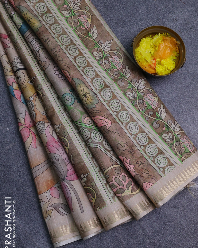 Semi matka saree sandal and pastel brown with butta prints and kalamkari printed pallu