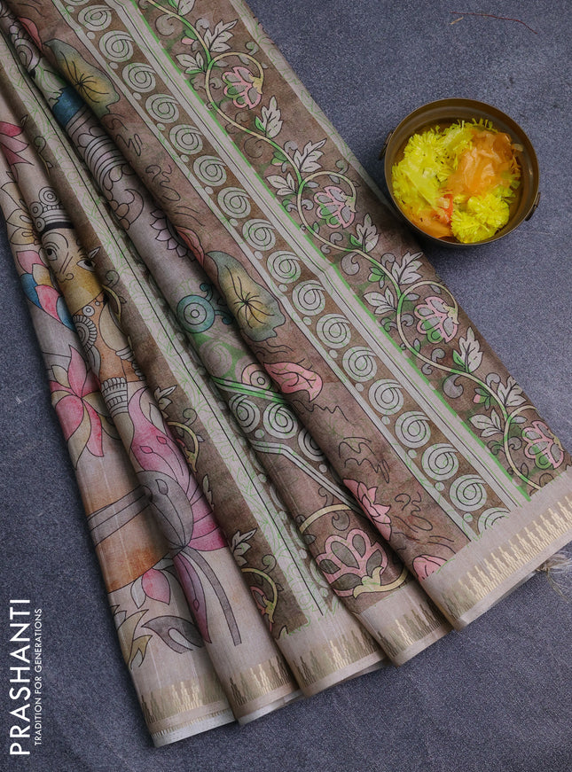Semi matka saree sandal and pastel brown with butta prints and kalamkari printed pallu