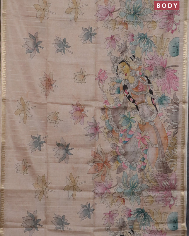 Semi matka saree sandal and pastel brown with butta prints and kalamkari printed pallu