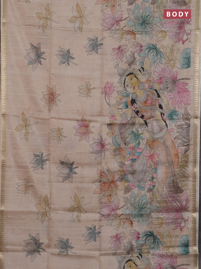 Semi matka saree sandal and pastel brown with butta prints and kalamkari printed pallu