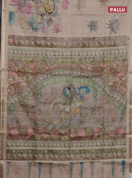 Semi matka saree sandal and pastel brown with butta prints and kalamkari printed pallu