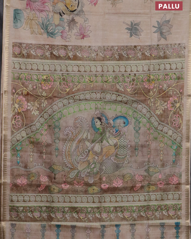 Semi matka saree sandal and pastel brown with butta prints and kalamkari printed pallu