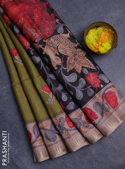 Semi matka saree mehendi green and pastel peach with butta prints and kalamkari printed pallu