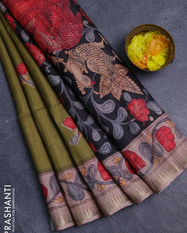 Semi matka saree mehendi green and pastel peach with butta prints and kalamkari printed pallu